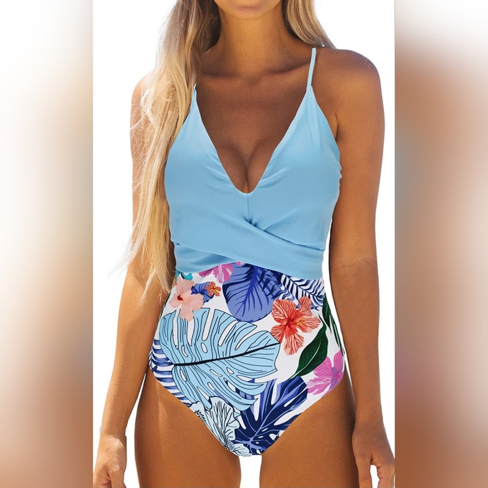 Women's V Neck Push Up One Piece Swimsuit Floral Print Sexy Bathing Suit Plungin